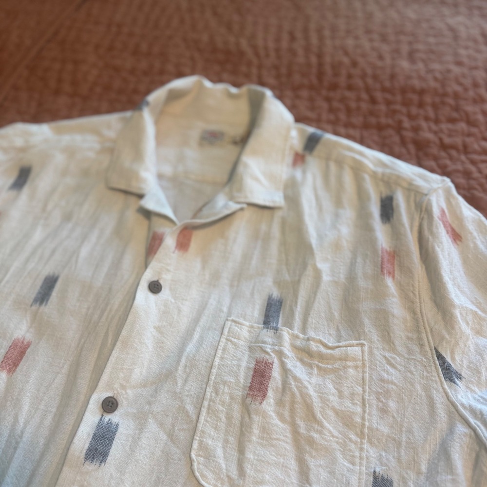 Faherty Brand Mens XXL Short Sleeve Ikat Print Linen Blend Camp Shirt Cream - Picture 4 of 9